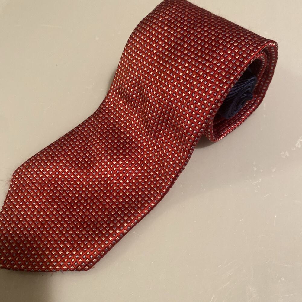 Vintage Tommy Hilfiger 100% Silk Tie Red Navy Geometric Made USA Italy